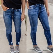 Simple Style Middle Waist Ripped Slim Fit Jeans