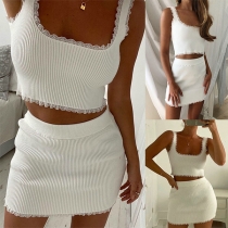 Sexy Lace Spliced Sleeveless Square Collar Crop Top + Skirt Two-piece Set