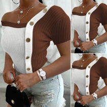 Sexy Oblique V-neck Short Sleeve Contrast Color Slim Fit T-shirt
