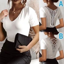 Sexy Hollow Out Lace Spliced Short Sleeve V-neck Solid Color T-shirt