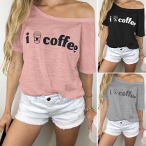 Sexy Off-shoulder Short Sleeve Letters Printed T-shirt