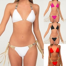 Sexy Low-waist Backless Tassel Lace-up Halter Bikini Set