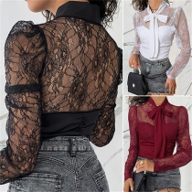 Sexy See-through Lace Spliced Long Sleeve Lace-up Bow-know Collar Blouse Shirt