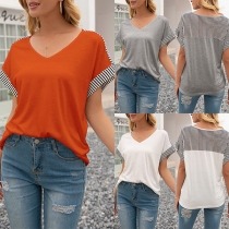 Fashion Striped Spliced Short Sleeve V-neck Casual T-shirt