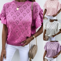 Fashion Lotus Sleeve Round Neck Hollow Out Knit Top