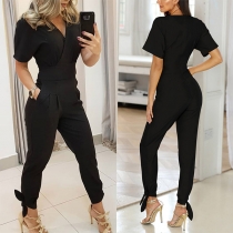 Sexy V-neck Short Sleeve High Waist Solid Color Slim Fit Jumpsuit