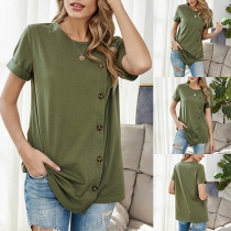 Fashion Solid Color Short Sleeve Round Neck Front-button T-shirt