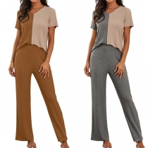 Fashion Contrast Color Short Sleeve T-shirt + Pants Two-piece Set