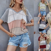 Fashion Contrast Color Short Sleeve V-neck Hooded Knit Top