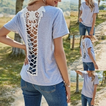 Sexy Lace Spliced Backless Short Sleeve Round Neck T-shirt