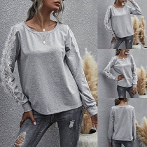 Fashion Lace Spliced Long Sleeve Round Neck T-shirt
