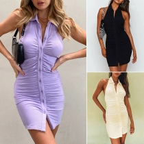 Sexy Backless Sleeveless POLO Collar Solid Color Slim Fit Dress