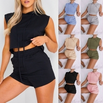 Fashion Sleeveless Hooded Crop Top + Shorts Two-piece Set