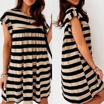 Sweet Style Lotus Sleeve Round Neck Loose Striped Printed Dress