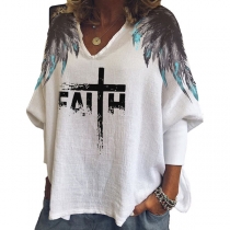 Casual Style Long Sleeve V-neck Wing Printed Loose T-shirt