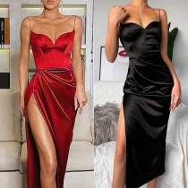 Sexy Backless V-neck High Slit Hem Solid Color Sling Party Dress