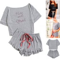 Fashion Letters Printed Short Sleeve Crop Top + Shorts Two-piece Set