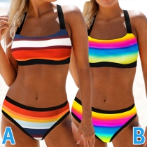 Sexy Low-waist Ranibow Stripe Printed Bikini Set