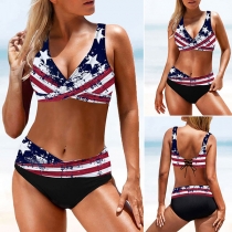 Sexy High Waist American Flag Printed Lace-up Bikini Set