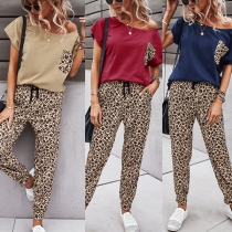 Casual Style Leopard Printed Spliced T-shirt + Pants Two-piece Set