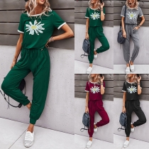 Fashion Daisy Printed Short Sleeve Round Neck T-shirt + Pants Home-wear Two-piece Set