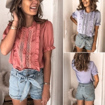 Sweet Style Short Sleeve Round Neck Solid Color Lace Spliced Ruffle Top