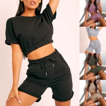 Fashion Solid Color Short Sleeve Crop Top + Shorts Two-piece Set