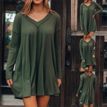 Fashion Solid Color Long Sleeve V-neck Loose Dress