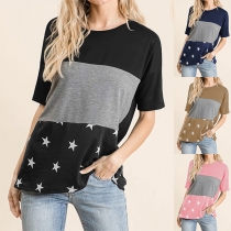 Fashion Star Printed Short Sleeve Round Neck Contrast Color T-shirt