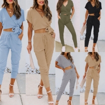 Sexy V-neck Knotted Hem Short Sleeve Crop Top + Pants Two-piece Set