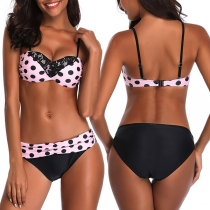Sexy Lace Spliced Dots Printed Bikini Set