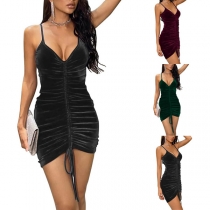 Sexy Backless V-neck Solid Color Slim Fit Drawstring Sling Dress
