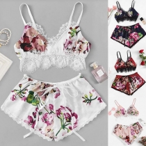 Sexy Backless Lace Spliced Sling Printed Top + Shorts Nightwear Set