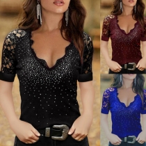 Sexy Lace Spliced Short Sleeve V-neck Rhinestone T-shirt