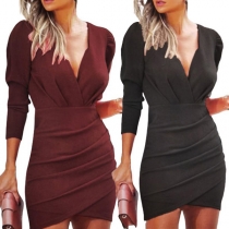 Sexy Deep V-neck Long Sleeve Irregular Hem Solid Color Slim Fit Dress