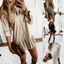 OL Style Long Sleeve POLO Collar Pleated Hem Solid Color Shirt Dress
