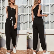 Sexy One-shoulder Sleeveless High Waist Solid Color Jumpsuit