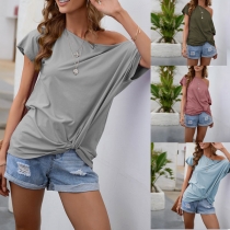 Sexy Oblique Shoulder Short Sleeve Solid Color Twisted Hem T-shirt