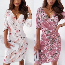 Sexy V-neck Half Sleeve Slim Fit Printed Dress