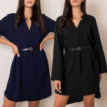 OL Style Long Sleeve POLO Collar High-low Hem Solid Color Woman's Shirt Dress