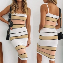 Sexy Backless Contrast Color Striped Slim Fit Sling Dress