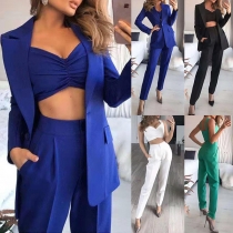 OL Style Solid Color Sling Crop Top + Blazer Suit + Pants Three-piece Set