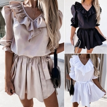 Sweet Style Half Sleeve V-neck Solid Color Ruffle Dress