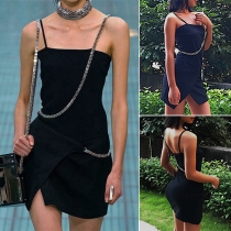 Sexy Backless Irregular Slit Hem Solid Color Slim Fit Sling Chain Dress