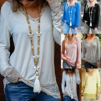 Fashion Lace Spliced Long Sleeve V-neck Solid Color T-shirt