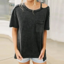 Casual Style Short Sleeve Round Neck Off-shoulder Loose T-shirt