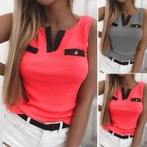 Casual Style Sleeveless V-neck Contrast Color Tank Top