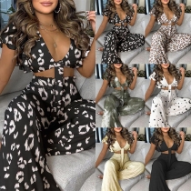 Sexy Knotted V-neck Short Sleeve Printed Crop Top + High Waist Pants Two-piece Set