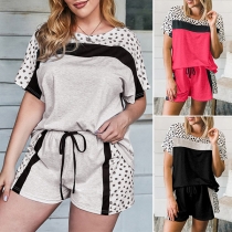 Fashion Leopard Printed Spliced Short Sleeve T-shirt + Shorts Home-wear Two-piece Set