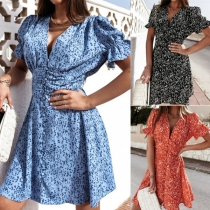 Fresh Style Short Sleeve V-neck High Waist Printed Dress